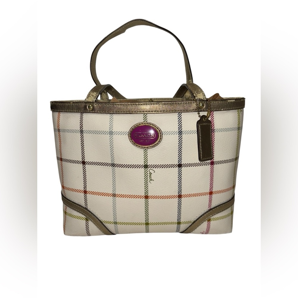 Coach Multicolor Plaid Tote with Gold Accents